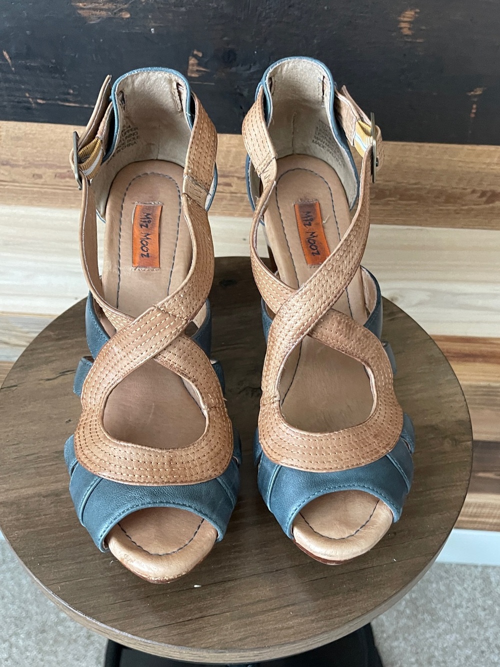 Miz Mooz Two-Tone Tan and Blue Crisscross Peep-Toe Heels